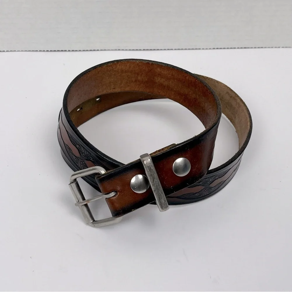 Brown tooled leather belt, unisex, approximately 34” see measurements in photos.